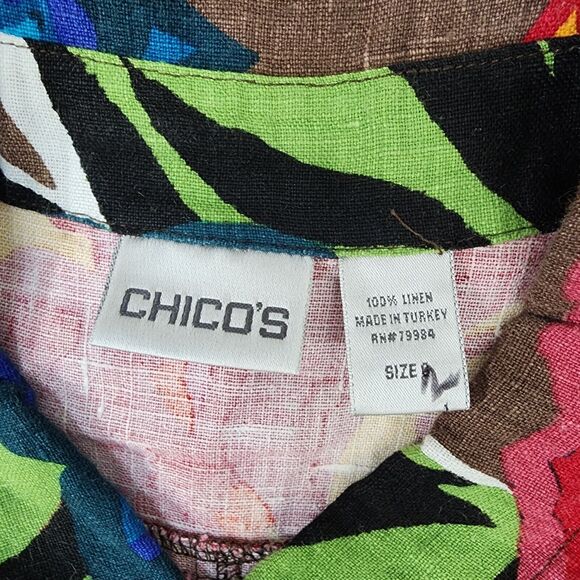 Chicos Top Size 0 Small Multicolor Floral 100% Linen Button Pockets 3/4 Sleeve - Picture 7 of 9